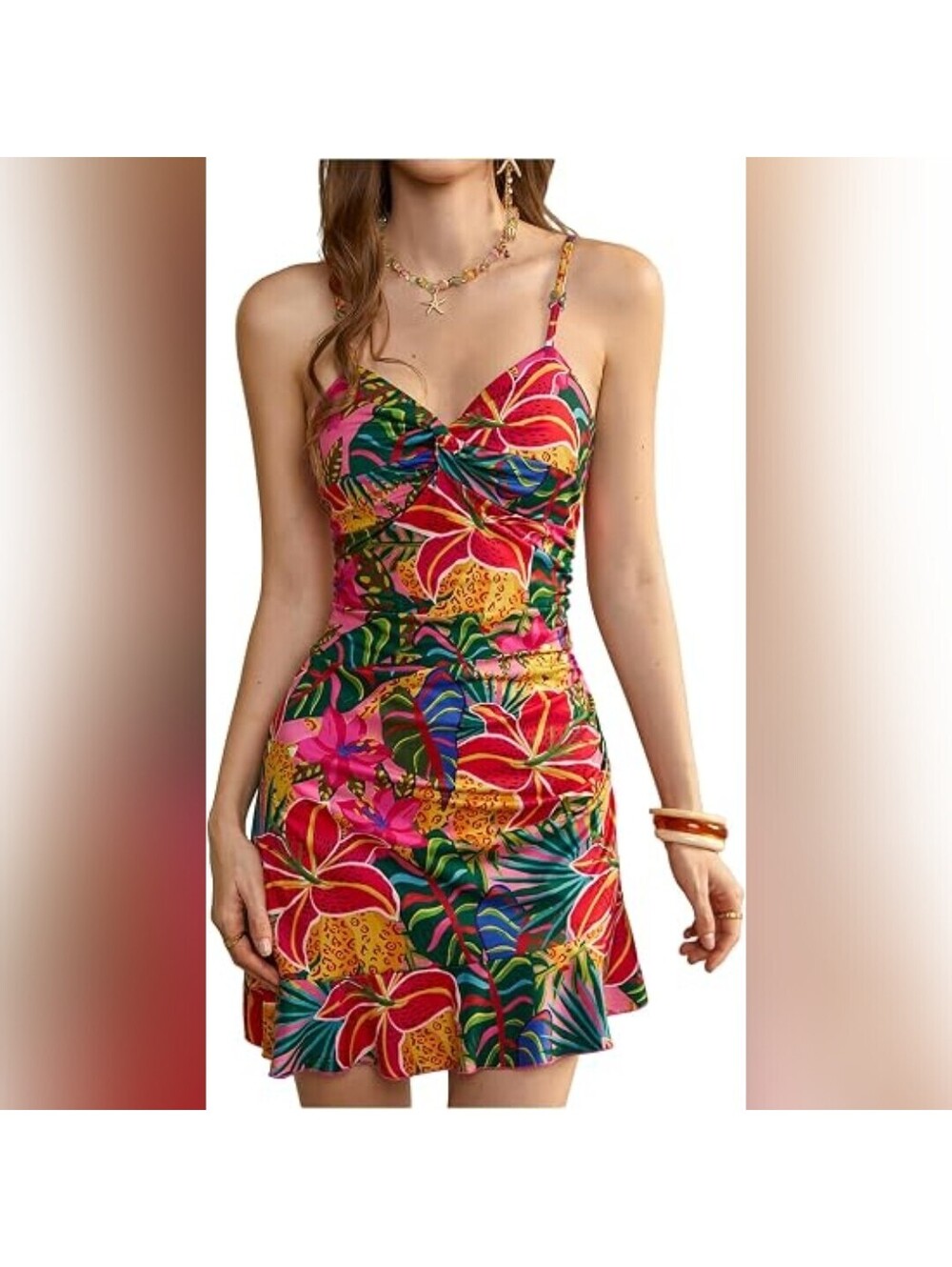 NWOT Floerns Tropical Twist Front Ruched Ruffle Hem Bodycon Mini Dress, Small